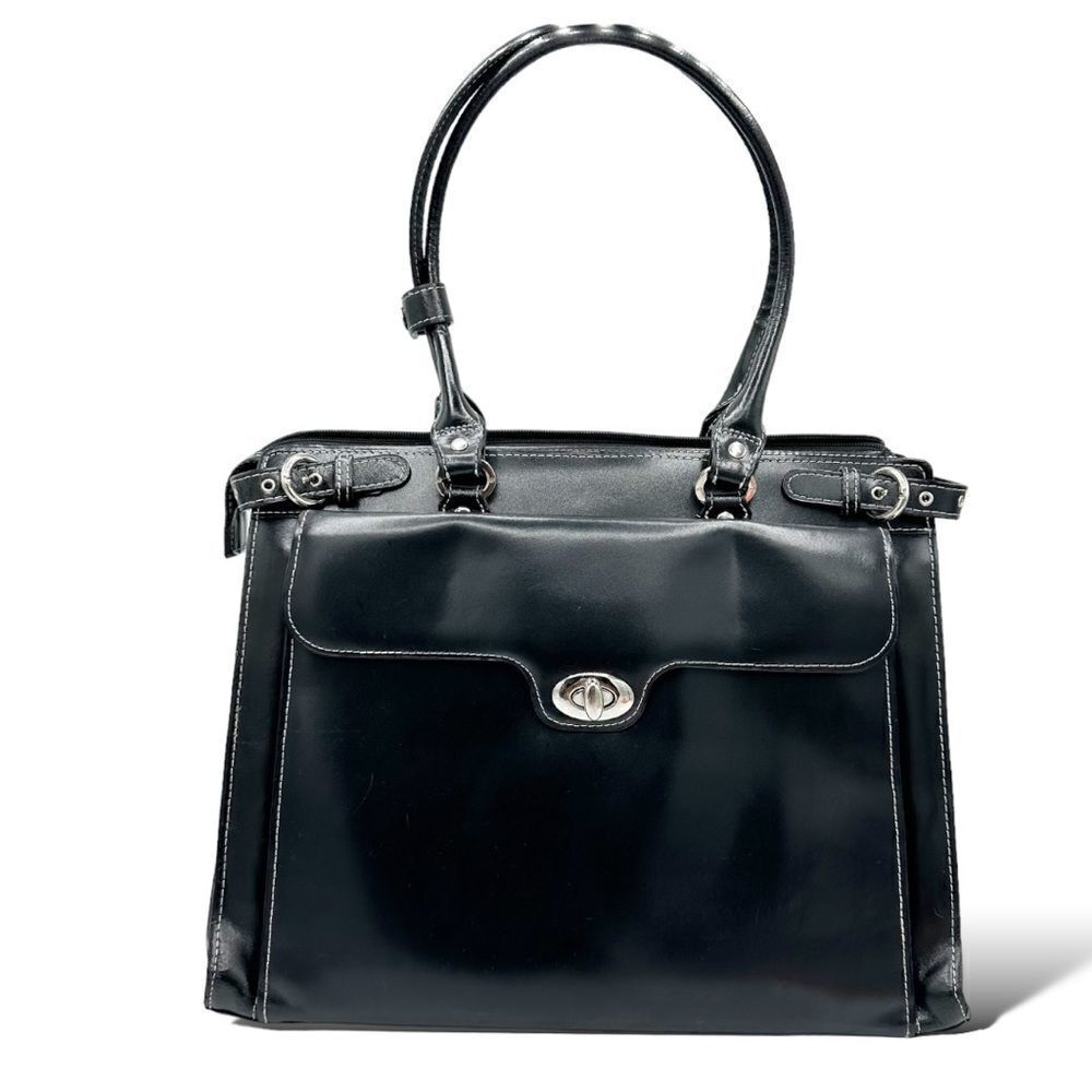 McKlein USA Winnetka Black Leather 15”‎ Laptop Briefcase Double Shoulder Strap